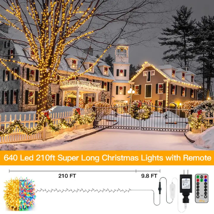 Ollny Christmas Lights Outdoor String Lights 210ft/640 LED Super Long  Multicolor 11 Modes&Timer Remote Waterproof Plug in Fairy Light for Xmas  Tree Patio Holiday Indoor Decorations Warm White