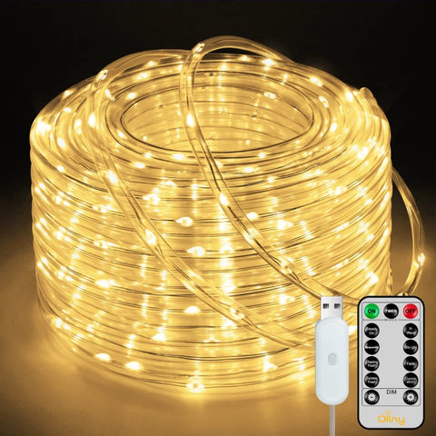 Ollny 100 LED 33ft Warm White Rope Lights (USB, 8 Modes, IP68 Waterproof)