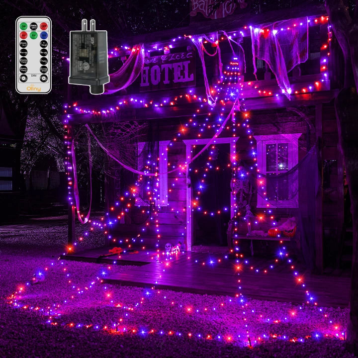 Ollny 454 LED 17.4ft Halloween Spider Web Lights (Purple & Orange, Green Cable, 8 Modes, IP67)