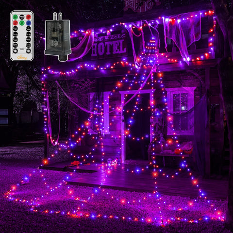 454 LED 17.4ft Halloween Spider Web String Lights (Purple & Orange, Green Cable, Plug In, 8 Modes, IP67)