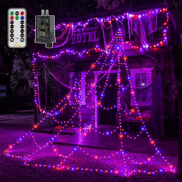 Ollny 454 LED 17.4ft Halloween Spider Web Lights (Purple & Orange, Green Cable, 8 Modes, IP67)