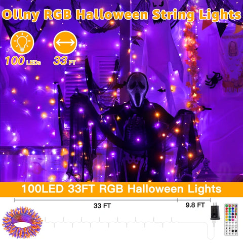 Ollny 100 LED 33ft Halloween Christmas RGB String Lights (Clear Cable, Connectable, 130 Modes)