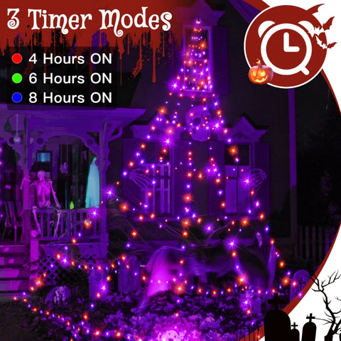 Ollny 454 LED 17.4ft Halloween Spider Web Lights (Purple & Orange, Green Cable, 8 Modes, IP67)