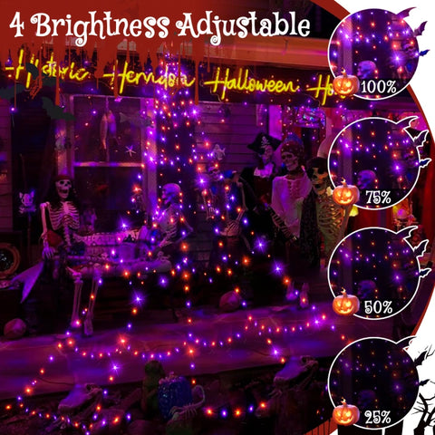 Ollny 454 LED 17.4ft Halloween Spider Web Lights (Purple & Orange, Green Cable, 8 Modes, IP67)