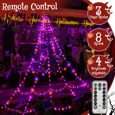 Ollny 454 LED 17.4ft Halloween Spider Web Lights (Purple & Orange, Green Cable, 8 Modes, IP67)