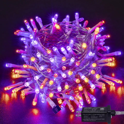 200 LED 66ft Purple & Orange Halloween String Lights (Clear Cable, Plug in, 8 Modes, Connectable)