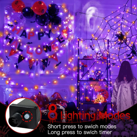 200 LED 66ft Purple & Orange Halloween String Lights (Clear Cable, Plug in, 8 Modes, Connectable)