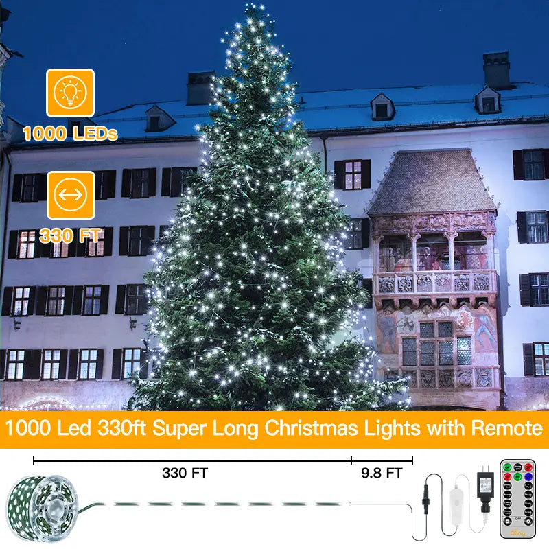 Minetom Christmas Lights Outdoor, 337Ft 1000LED Plug in Christmas Tree  Lights with Remote, IP65 Waterproof Timer and 8 Modes PVC String Lights for Christmas  Tree, Outdoor Indoor Decoration(Cool White) 