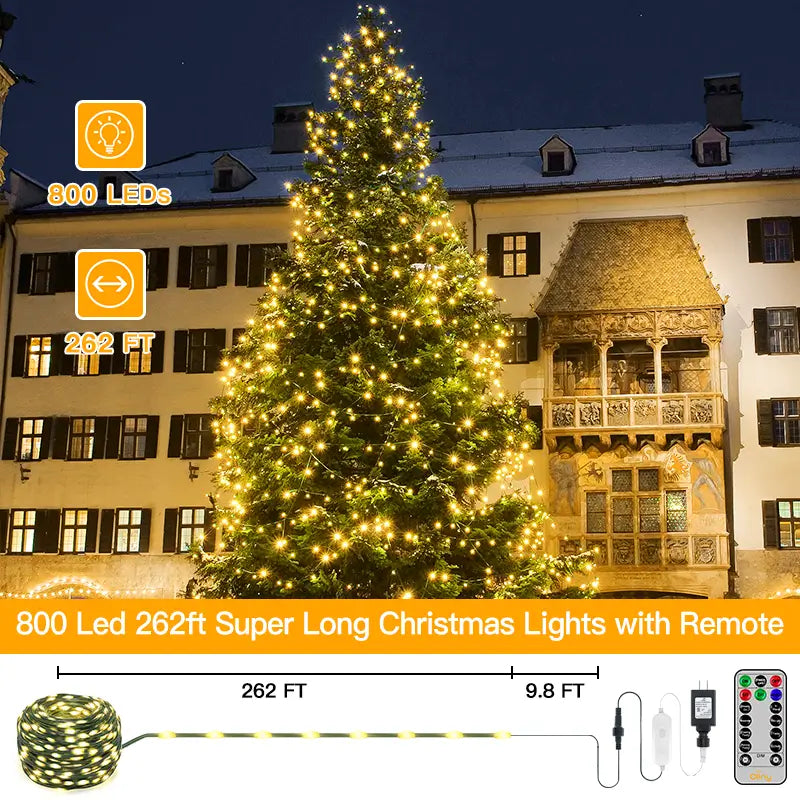 800 LED 262FT Cool White IP67 Waterproof Christmas String Lights (Green Wire, Plug in, 8 Modes)