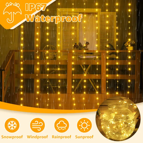 Ollny 300 LED 9.8ft*9.8ft Warm White Curtain Lights (Clear Cable, 8 Modes, Connectable, IP67 Waterproof, Plug-in)