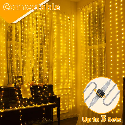 300 LED 9.8ft*9.8ft Warm White Curtain Lights (Clear Cable, 8 Modes, Connectable, IP67 Waterproof, Plug-in)