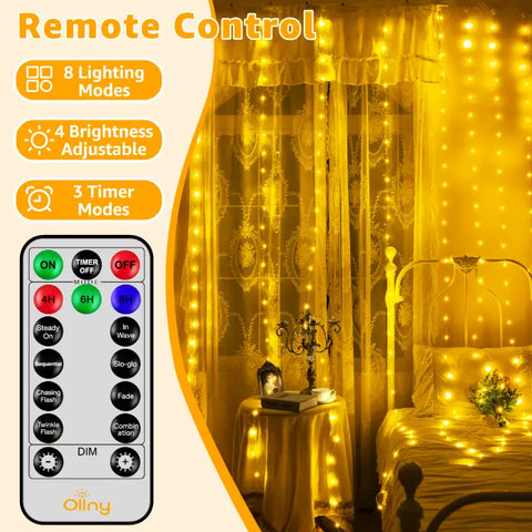 Ollny 300 LED 9.8ft*9.8ft Warm White Curtain Lights (Clear Cable, 8 Modes, Connectable, IP67 Waterproof, Plug-in)