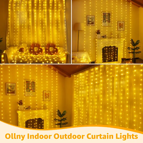 Ollny 300 LED 9.8ft*9.8ft Warm White Curtain Lights (Clear Cable, 8 Modes, Connectable, IP67 Waterproof, Plug-in)