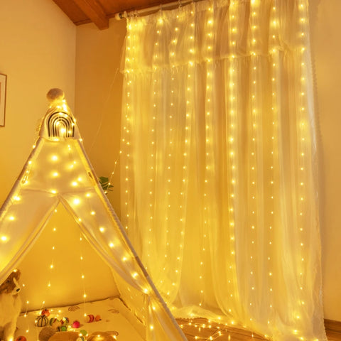 Ollny 300 LED 9.8ft*9.8ft Warm White Curtain Lights (Clear Cable, 8 Modes, Connectable, IP67 Waterproof, Plug-in)