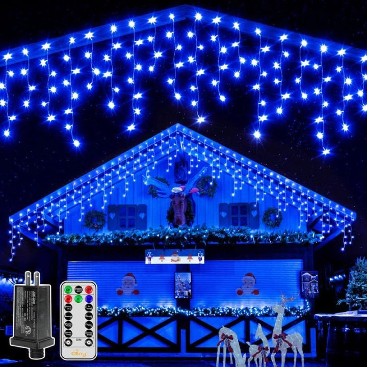 Ollny 396 LED 32ft Blue Icicle Lights (Clear Cable, Plug in, 8 Modes), Connectable up to 3 Sets