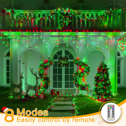 Ollny 396 LED 32ft Red And Green Icicle Lights (Clear Cable, Plug in, 8 Modes), Connectable up to 3 Sets