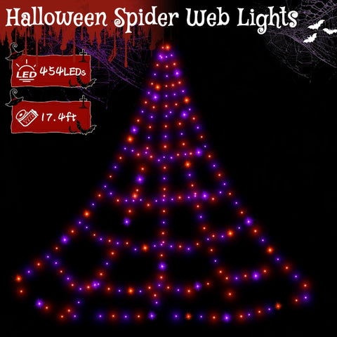 454 LED 17.4ft Halloween Spider Web String Lights (Purple & Orange, Green Cable, Plug In, 8 Modes, IP67)