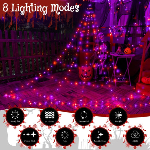 454 LED 17.4ft Halloween Spider Web String Lights (Purple & Orange, Green Cable, Plug In, 8 Modes, IP67)