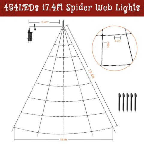 454 LED 17.4ft Halloween Spider Web String Lights (Purple & Orange, Green Cable, Plug In, 8 Modes, IP67)