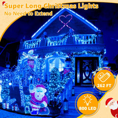 Ollny 800 LED 262ft Blue Halloween Christmas Lights (Clear Cable, Plug in, 8 Modes)