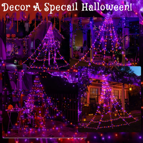 454 LED 17.4ft Halloween Spider Web String Lights (Purple & Orange, Green Cable, Plug In, 8 Modes, IP67)