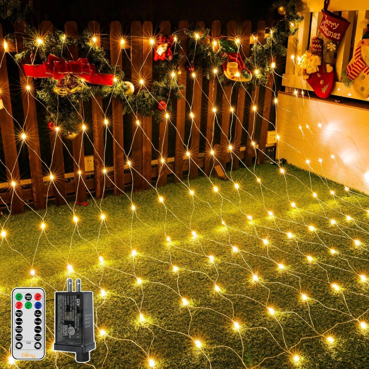 Ollny 210 LED 10*7ft Warm White Outdoor Net Lights (Clear wire, IP67 Waterproof, 8 Modes)