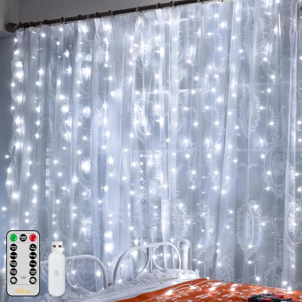 Ollny 200 LED 6.6ft*6.6ft Cool White Curtain Lights (Clear Cable, USB, 8 Modes, IP44 Waterproof)