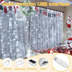 Ollny 200 LED 6.6ft*6.6ft Cool White Curtain Lights (Clear Cable, USB, 8 Modes, IP44 Waterproof)