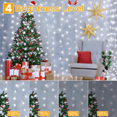 Ollny 200 LED 6.6ft*6.6ft Cool White Curtain Lights (Clear Cable, USB, 8 Modes, IP44 Waterproof)