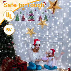 Ollny 200 LED 6.6ft*6.6ft Cool White Curtain Lights (Clear Cable, USB, 8 Modes, IP44 Waterproof)