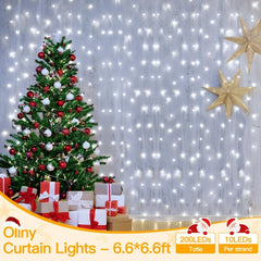 Ollny 200 LED 6.6ft*6.6ft Cool White Curtain Lights (Clear Cable, USB, 8 Modes, IP44 Waterproof)