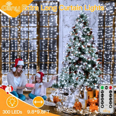 Ollny 300 LED 9.8ft*9.8ft Cool White Curtain Lights (Clear Cable, USB, 8 Modes, IP44 Waterproof)