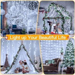 Ollny 300 LED 9.8ft*9.8ft Cool White Curtain Lights (Clear Cable, USB, 8 Modes, IP44 Waterproof)