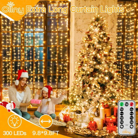 Ollny 300 LED 9.8ft*9.8ft Warm White Curtain Lights (Clear Cable, USB, 8 Modes, IP44 Waterproof)