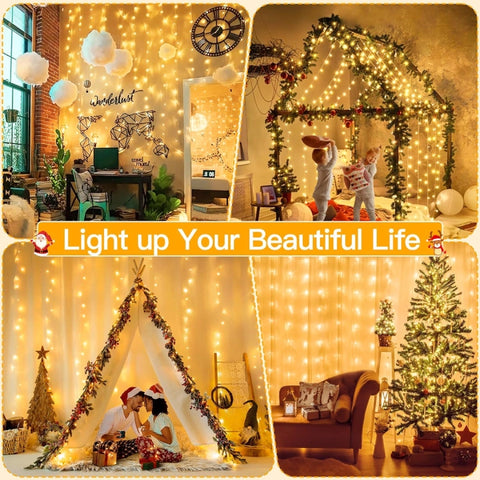 Ollny 300 LED 9.8ft*9.8ft Warm White Curtain Lights (Clear Cable, USB, 8 Modes, IP44 Waterproof)