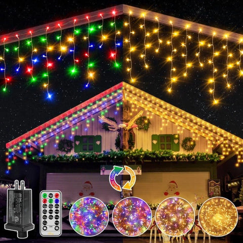 Ollny 306 LED 25ft Warm White/Multi Color Icicle Lights (Clear Cable, Plug in, 11 Modes), Connectable up to 3 Sets