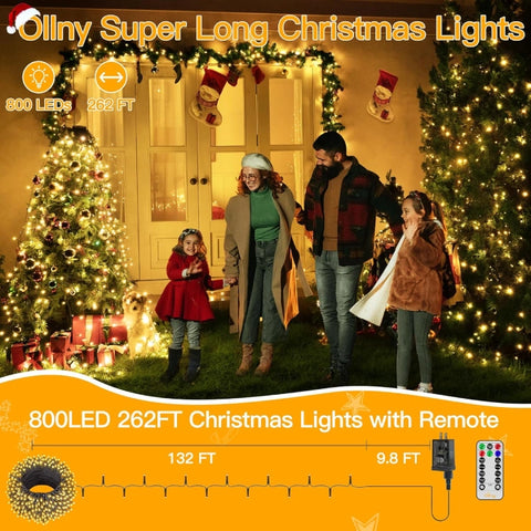 Ollny 800 LED 262ft Warm White String Lights (Green Cable, Plug in, 8 Modes, IP44 Waterproof)