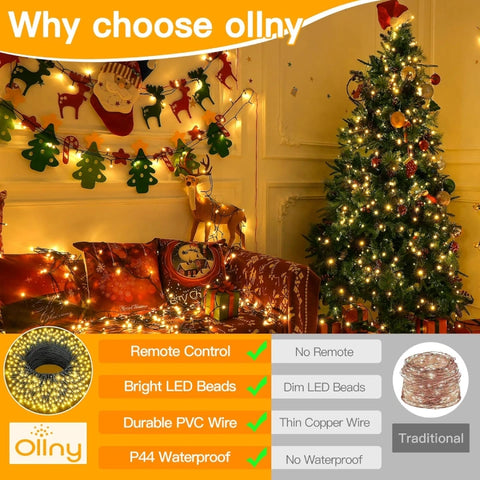 Ollny 800 LED 262ft Warm White String Lights (Green Cable, Plug in, 8 Modes, IP44 Waterproof)