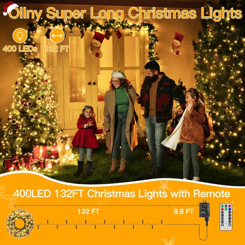 Ollny 400 LED 132ft Warm White Christmas Lights (Green Cable, Plug in, 8 Modes)