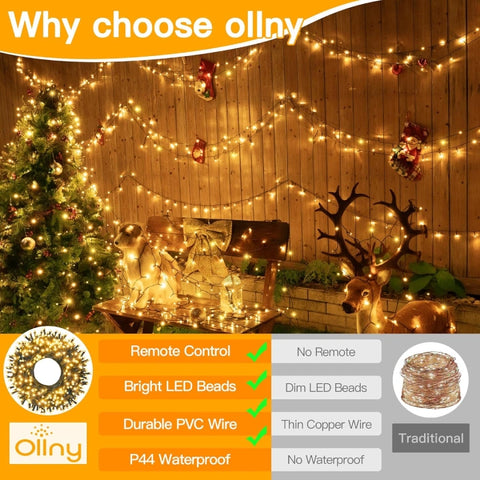 Ollny 400 LED 132ft Warm White Christmas Lights (Green Cable, Plug in, 8 Modes)