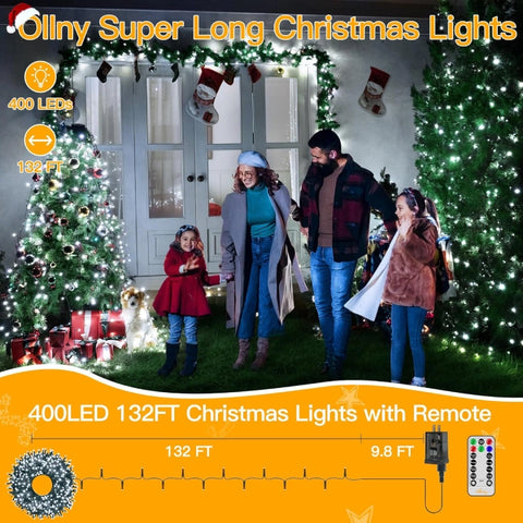 Ollny 400 LED 132ft Cool White Christmas Lights (Green Cable, Plug in, 8 Modes, IP44 Waterproof)