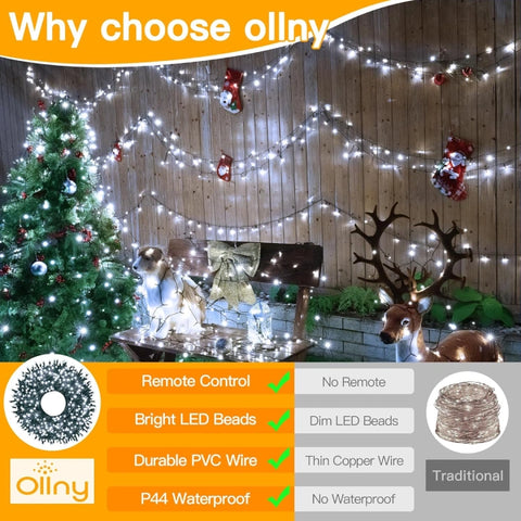 Ollny 400 LED 132ft Cool White Christmas Lights (Green Cable, Plug in, 8 Modes, IP44 Waterproof)