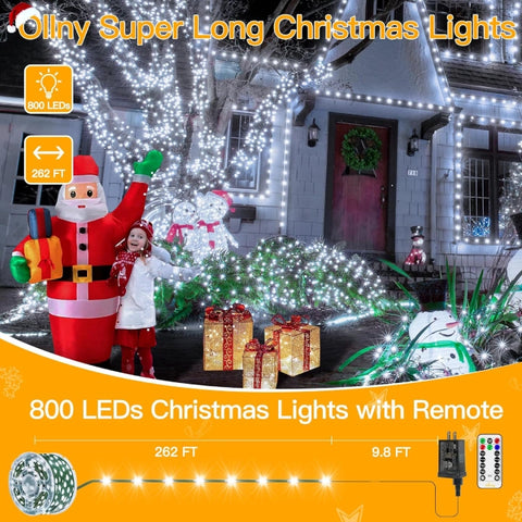 Ollny 800 LED 262ft Cool White IP67 Waterproof Christmas String Lights (Green Wire, Plug in, 8 Modes)