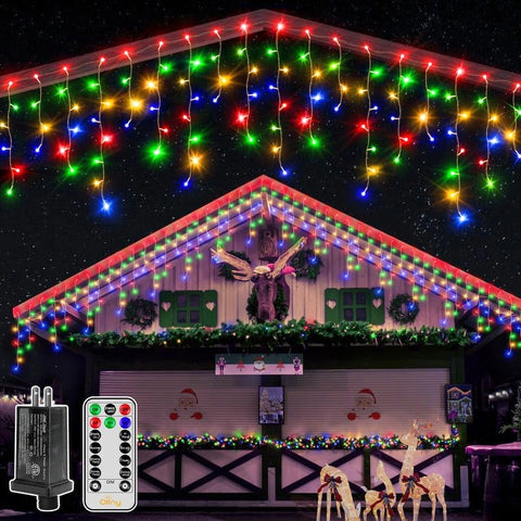 Ollny 396 LED 32ft Multi Color Icicle  Lights (Clear Cable, Plug in, 8 Modes), Connectable up to 3 Sets