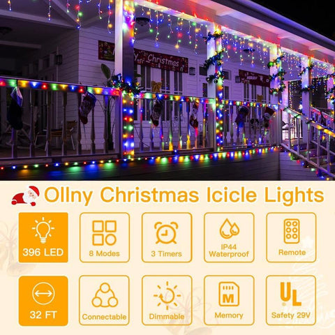 Ollny 396 LED 32ft Multi Color Icicle  Lights (Clear Cable, Plug in, 8 Modes), Connectable up to 3 Sets