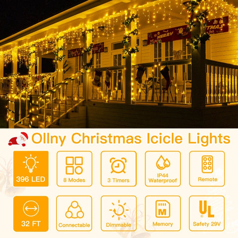 Ollny 396 LED 32ft Warm White Icicle Lights (Clear Cable, Plug in, 8 Modes), Connectable up to 3 Sets