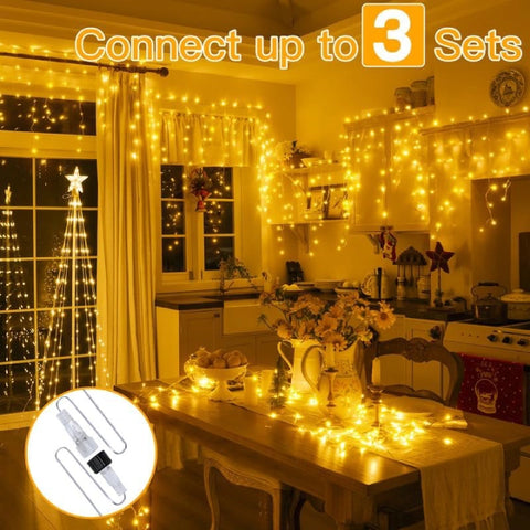 Ollny 396 LED 32ft Warm White Icicle Lights (Clear Cable, Plug in, 8 Modes), Connectable up to 3 Sets