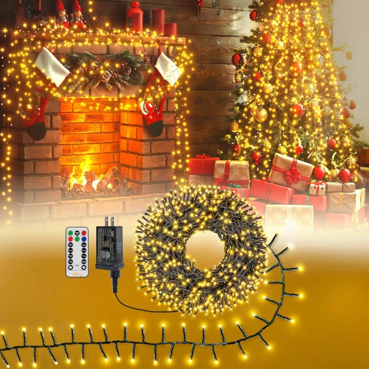 Ollny 400 LED 20ft Warm White Christmas Cluster Lights (Green Cable, Connectable, 8 Modes, IP44 Waterproof)