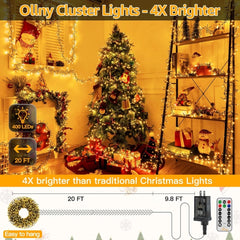 Ollny 400 LED 20ft Warm White Christmas Cluster Lights (Green Cable, Connectable, 8 Modes, IP44 Waterproof)