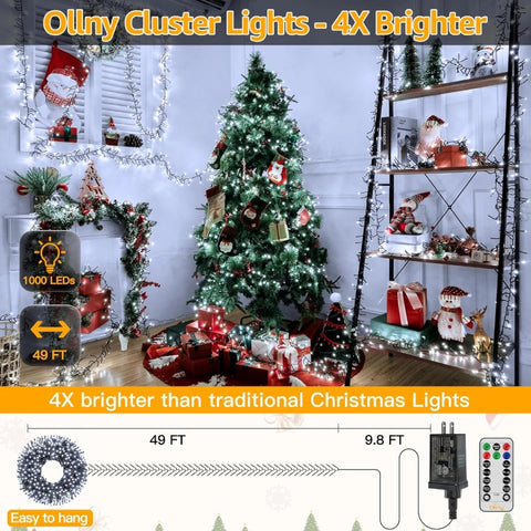 Ollny 1000 LED 49ft Cool White Christmas Cluster Lights (Green Cable, Plug in, 8 Modes, IP44 Waterproof)